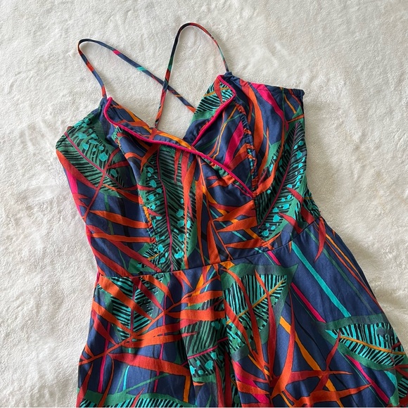 Vintage 80s Rare Joseph Magnin Palm Leaf Lace Up Back Midi Dress - Picture 4 of 10